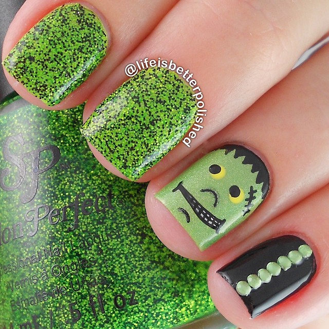 halloween nail art frankenstein nails